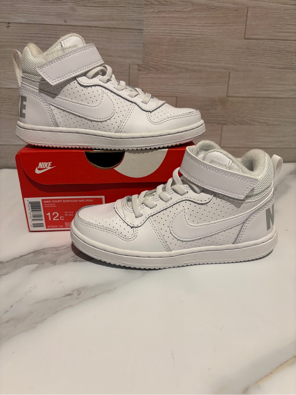 Nike Kids White Mid-Top Sneakers with Hook-and-Loop Strap